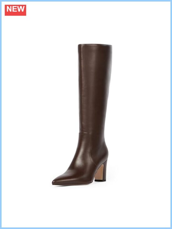 Shoes - Knee High Boots Faux Leather Pointed Toe Chunky Heel Tall Side Zip Womens